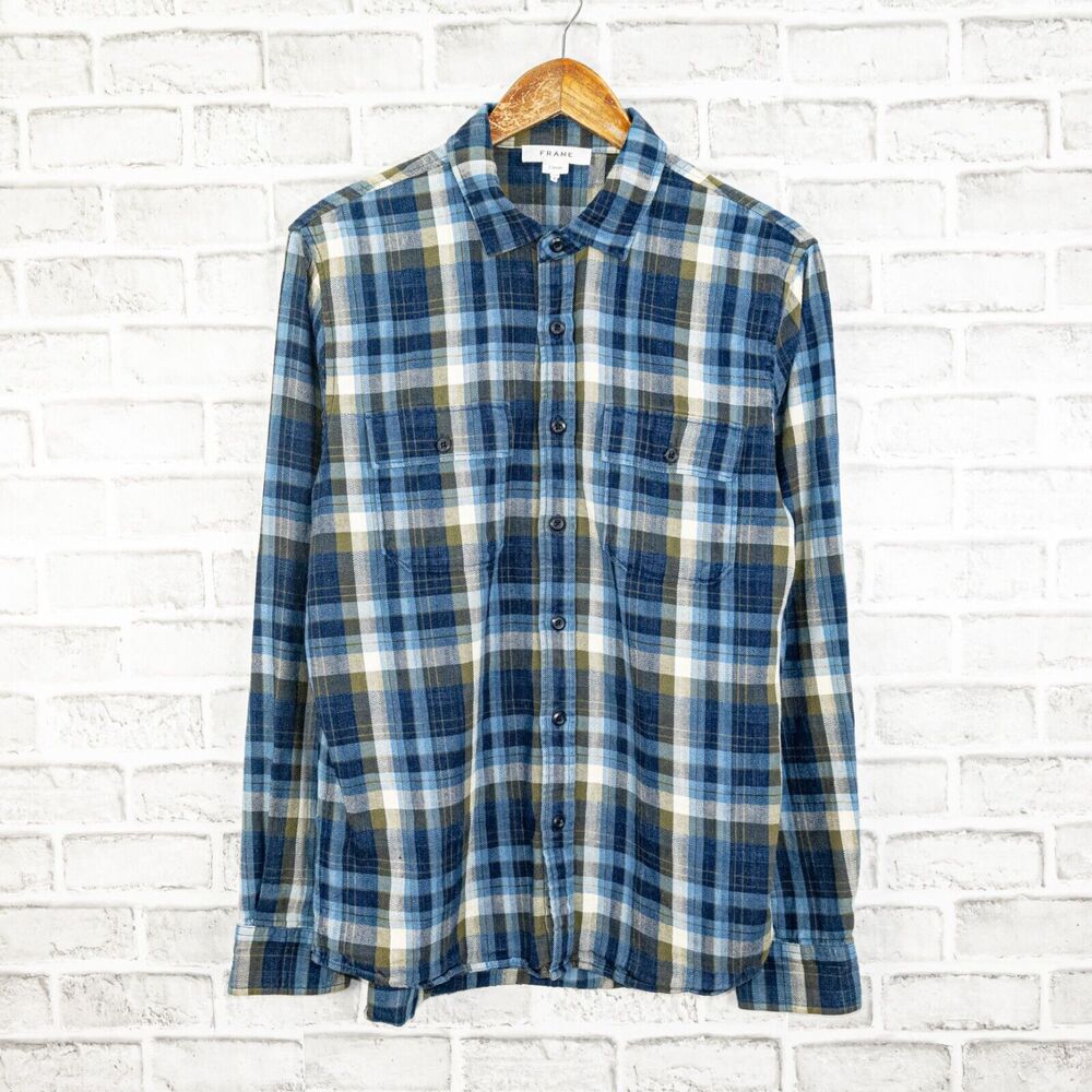FRAME Denim Men's Flannel Shirt Blue Plaid cotton 2 pocket Medium